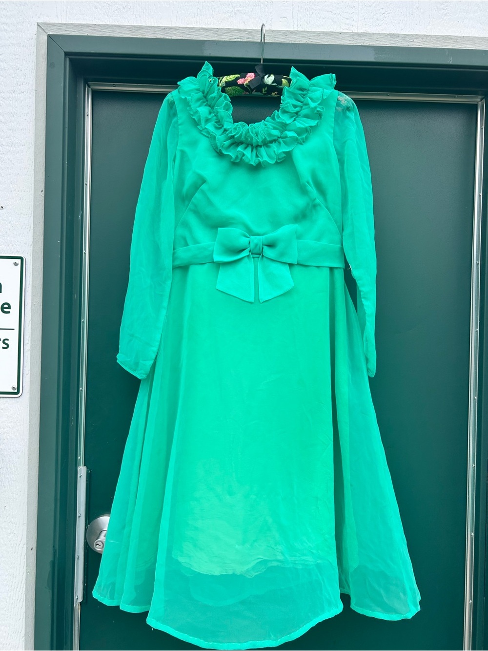 Miss Elliette Teal Ruffle-Neck Formal Dress with Waist Bow 1960s